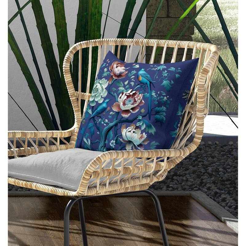 Botanical Bird Ensemble Indoor/Outdoor Reversible Throw Pillow Blue and Red