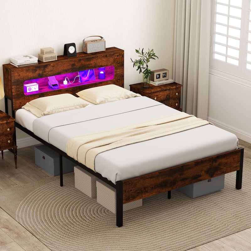 Costway Full Bed Frame with LED Lights Storage Headboard Power Outlets