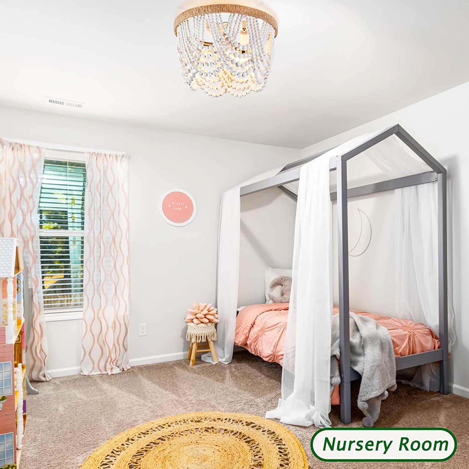 Wood beads Flush Mount Ceiling Light 3 light White Boho Light Fixture On Sale Bed Bath Beyond 36053328