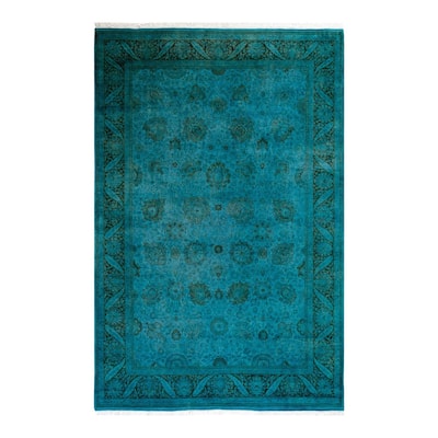 Overton Hand Knotted Wool Vintage Inspired Modern Contemporary Overdyed Blue Area Rug - 6' 0" x 9' 4"