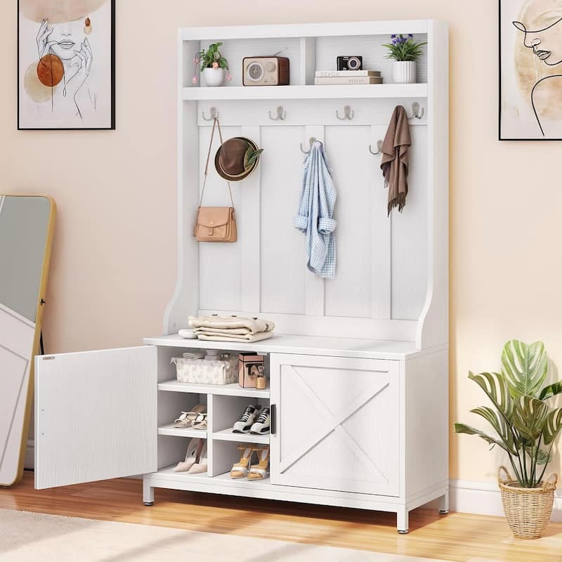 Moasis Farmhouse Hall Tree with Bench and Shoe Storage with 10 Hooks for Entryway - 39 Inch - White