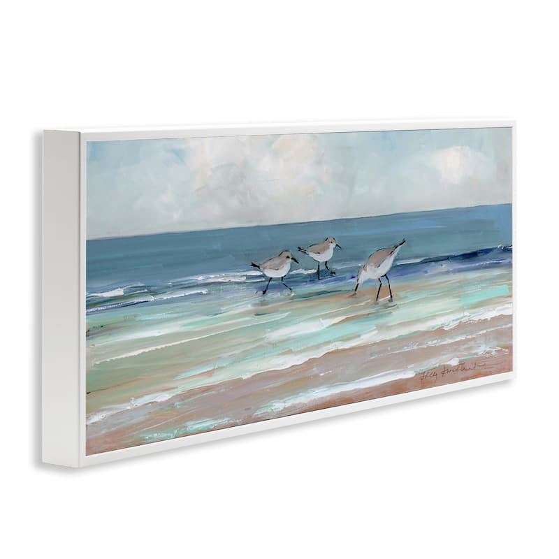 Stupell Panoramic Sandpipers Birds Shoreline Ocean Landscape Painting Framed Wall Art - Blue