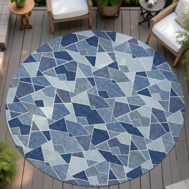 Machine Washable Indoor/ Outdoor Modern Mosaic Chantille Rug - Navy - 8' x 8'