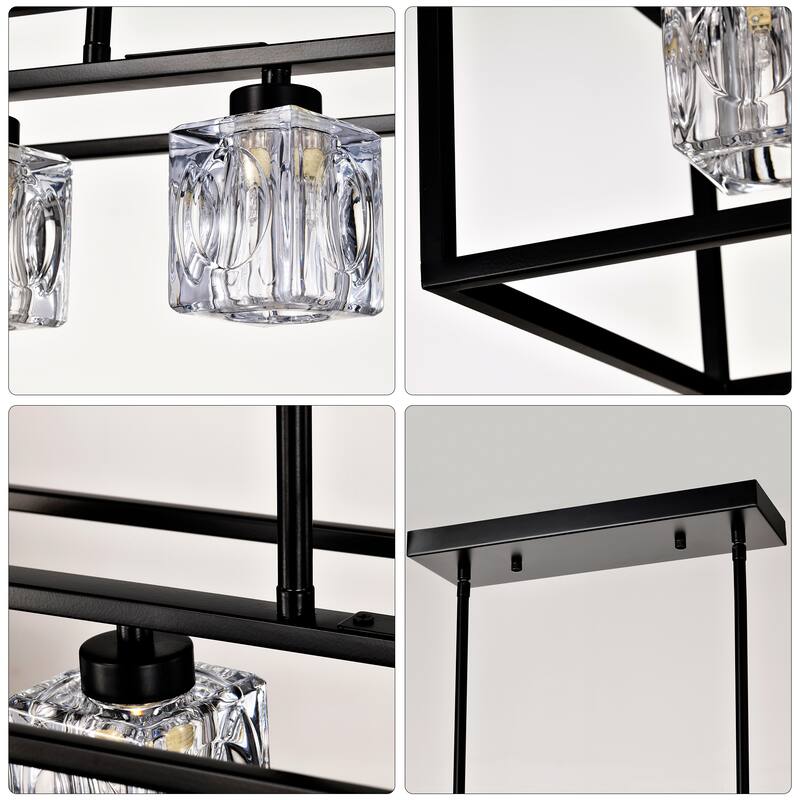 Industrial 6-Light Crystal Farmhouse Chandelier Linear Rectangular Pendant Cage Light, for Dining Room, Kitchen Island, Bar