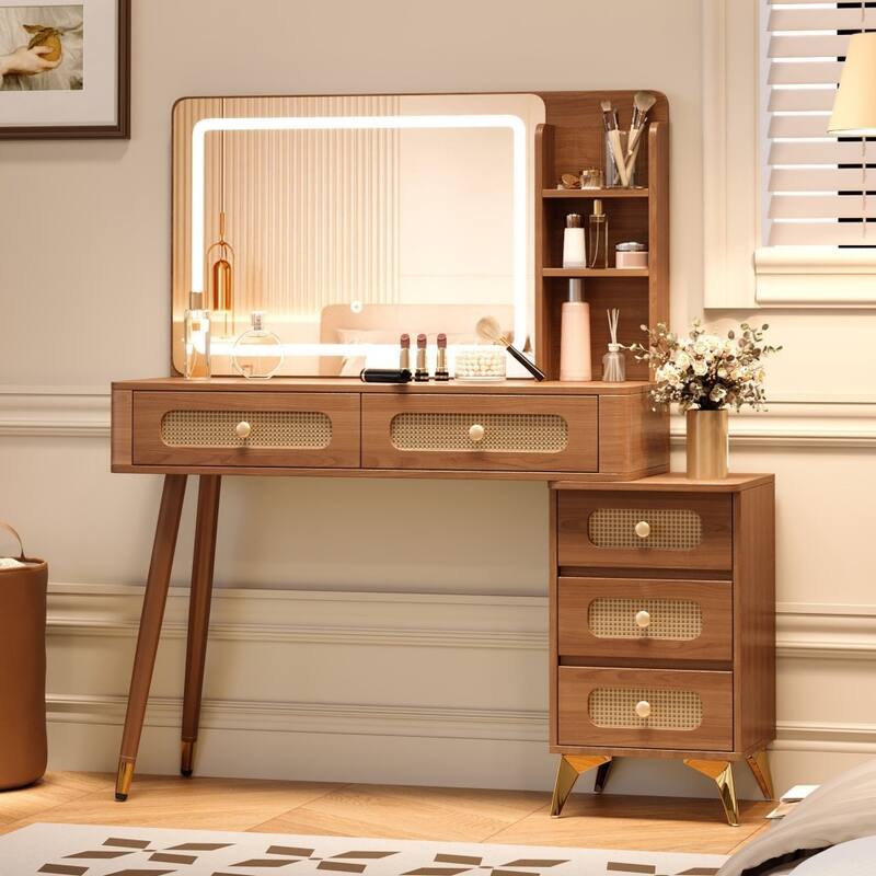 47.24" Rustic Makeup Vanity Desk with Mirror and Adjustable Lights, Rattan Drawers
