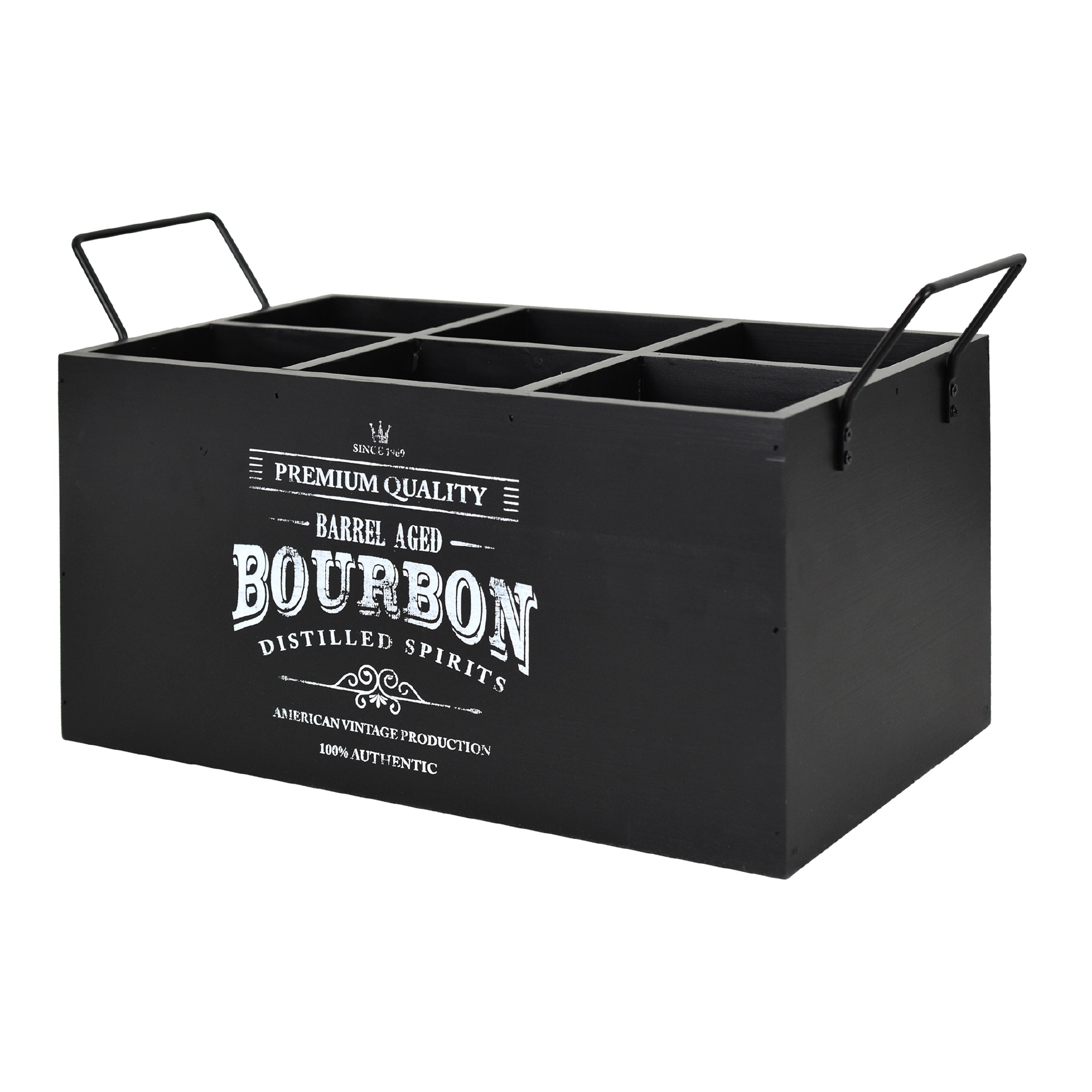 6-Bottle Wooden Crate with Metal Handles, Rustic Caddy and Divided Beverage Carrier for Home Bar and Man Cave Decor - 14" x 7"