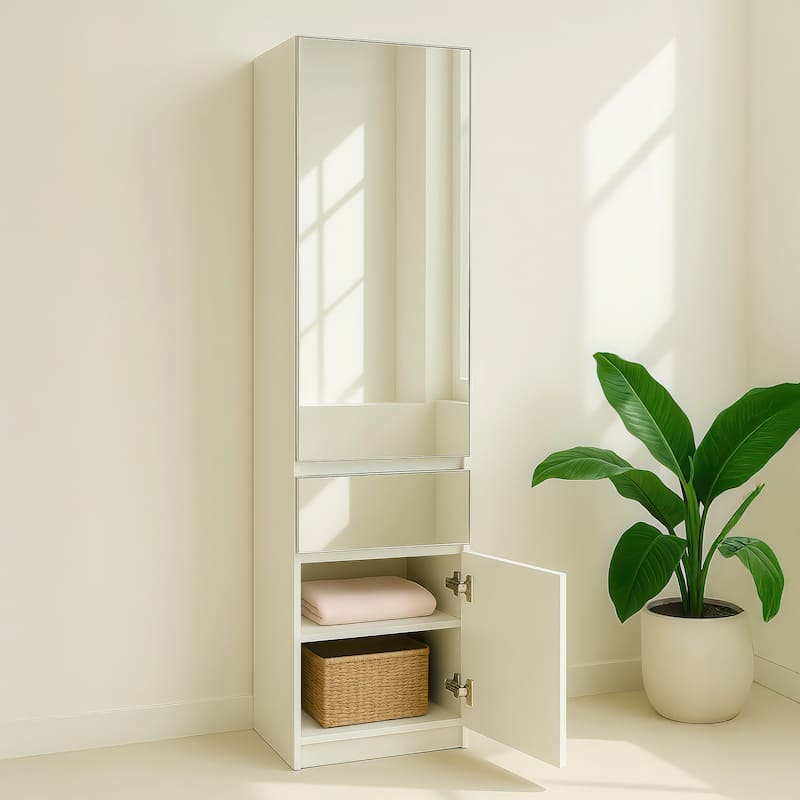 Elise Slim Modular Wood Closet Cabinet with Mirror in White - 15.7"D x 17.72"W x 70.9"H