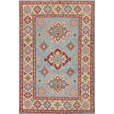 Light Blue Kazak Accent Rug Handmade Wool Carpet - 3'11" x 6'0"