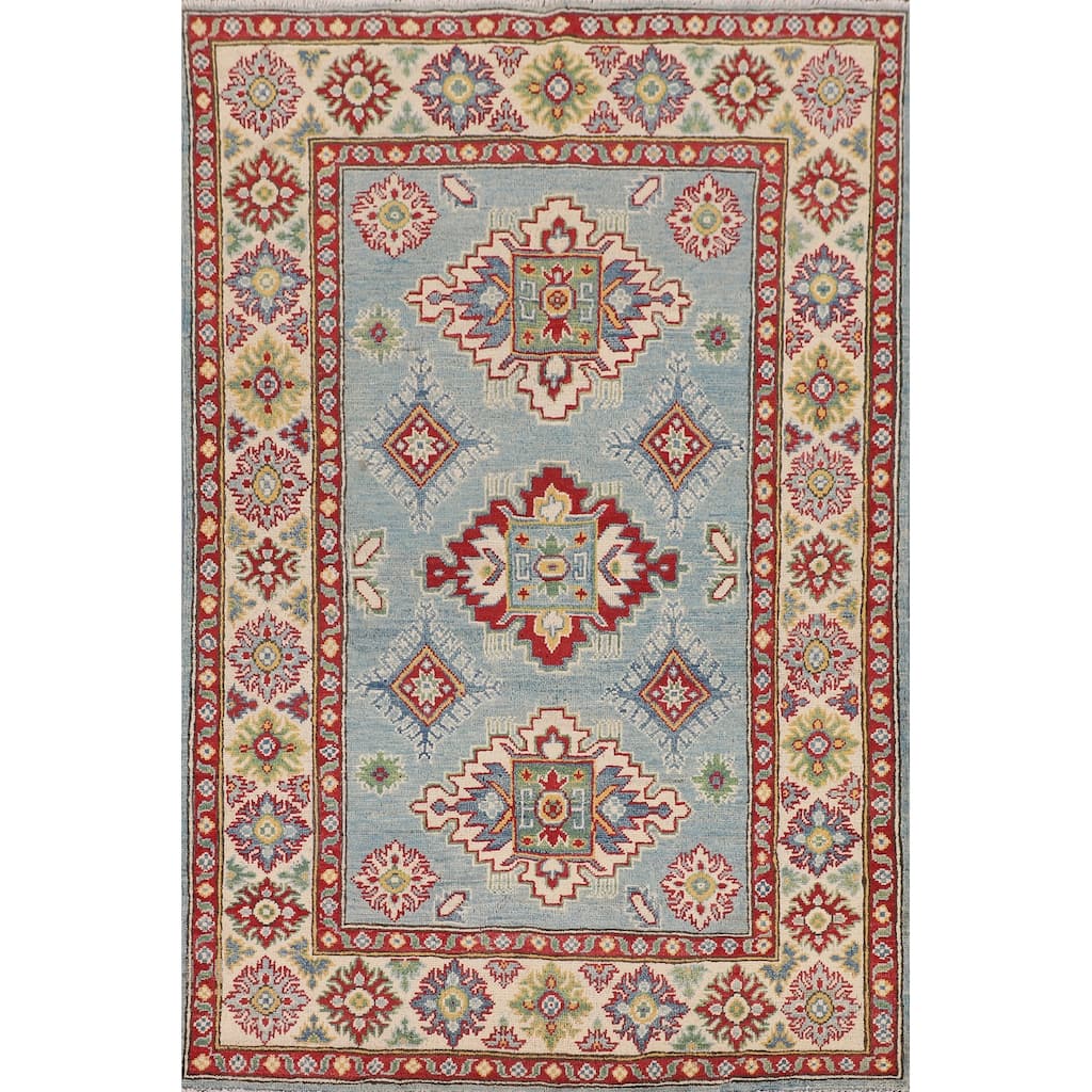 Light Blue Kazak Accent Rug Handmade Wool Carpet - 3'11" x 6'0"