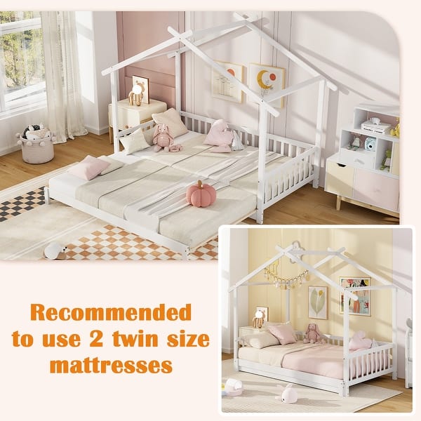 dimension image slide 2 of 4, Gymax Wooden House Bed Twin to King Daybed w/ Safety Rails & Decorable