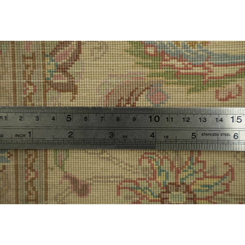 Hand Knotted Oriental Wool & Silk Carpet Traditional All-Over Beige & Ivories Tabriz Area Rug - 9' 9'' X 6' 8''