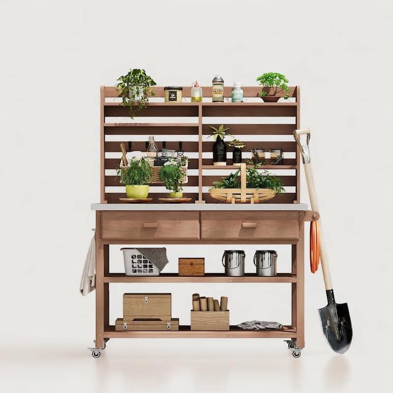 Outdoor Potting Bench Table with Lockable Wheels Solid Wood Kitchen Island and Stainless Steel Top