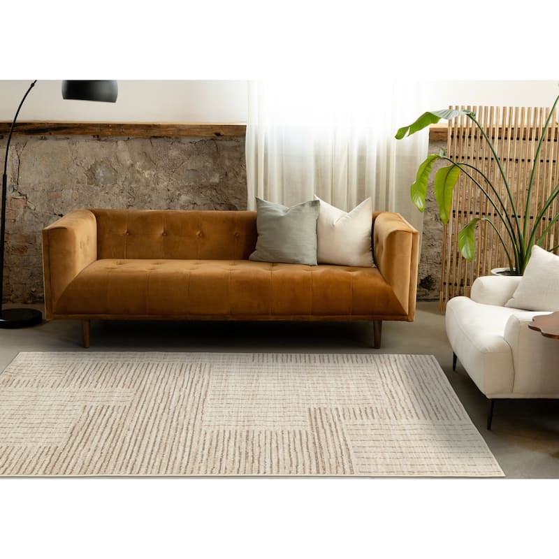 Beige Cream Geometric Stripes High-Traffic Rug