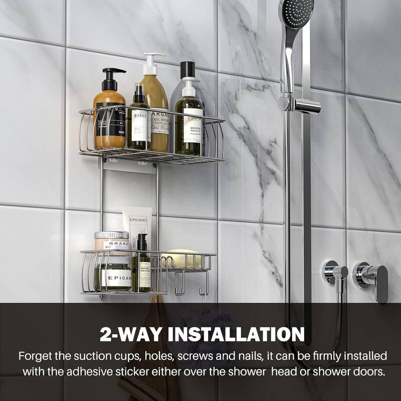 Shower Caddy Hanging, Anti-Swing Over Head Shower Caddy Rustproof with hooks for Towels, Sponge and more
