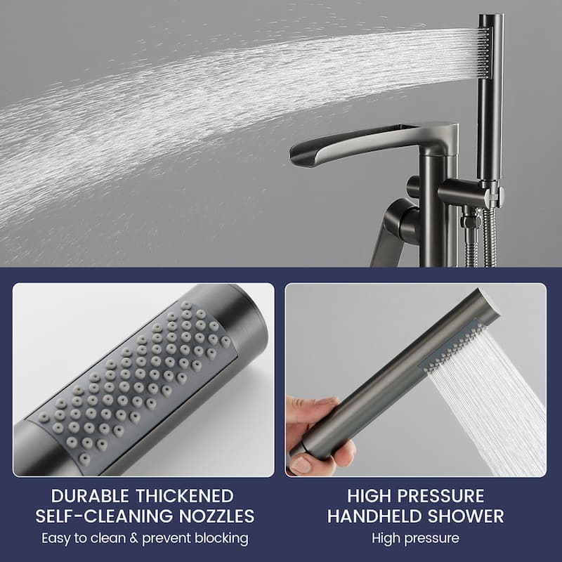 Single Handle Floor Mounted Freestanding Waterfall Tub Filler with Handheld Shower