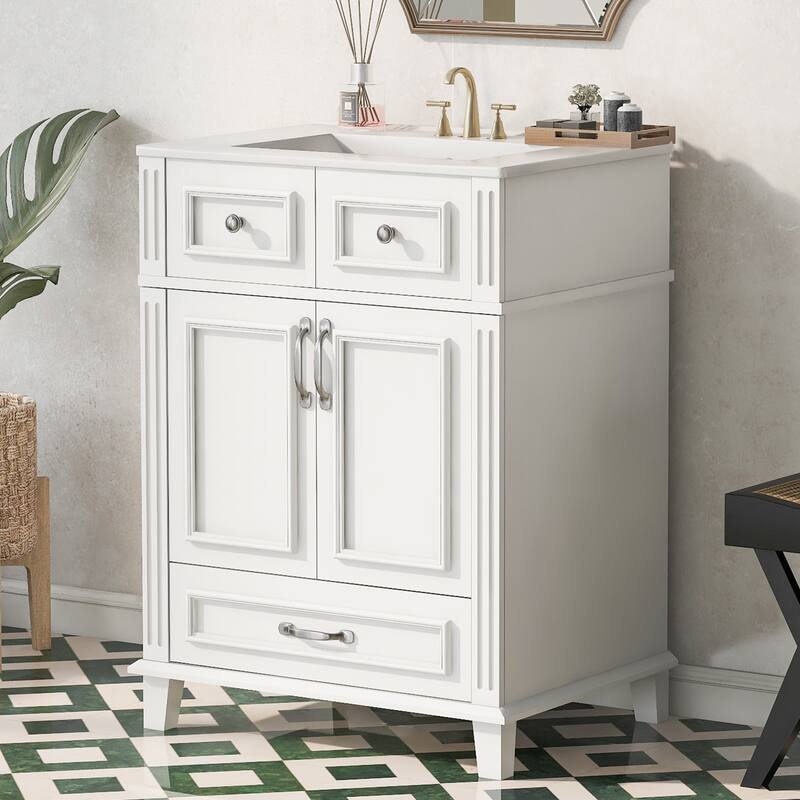 24" Bathroom Vanity with Ceramic Sink,Solid Wood Frame Bathroom Storage Cabinet with Soft Closing Doors,Retro Style