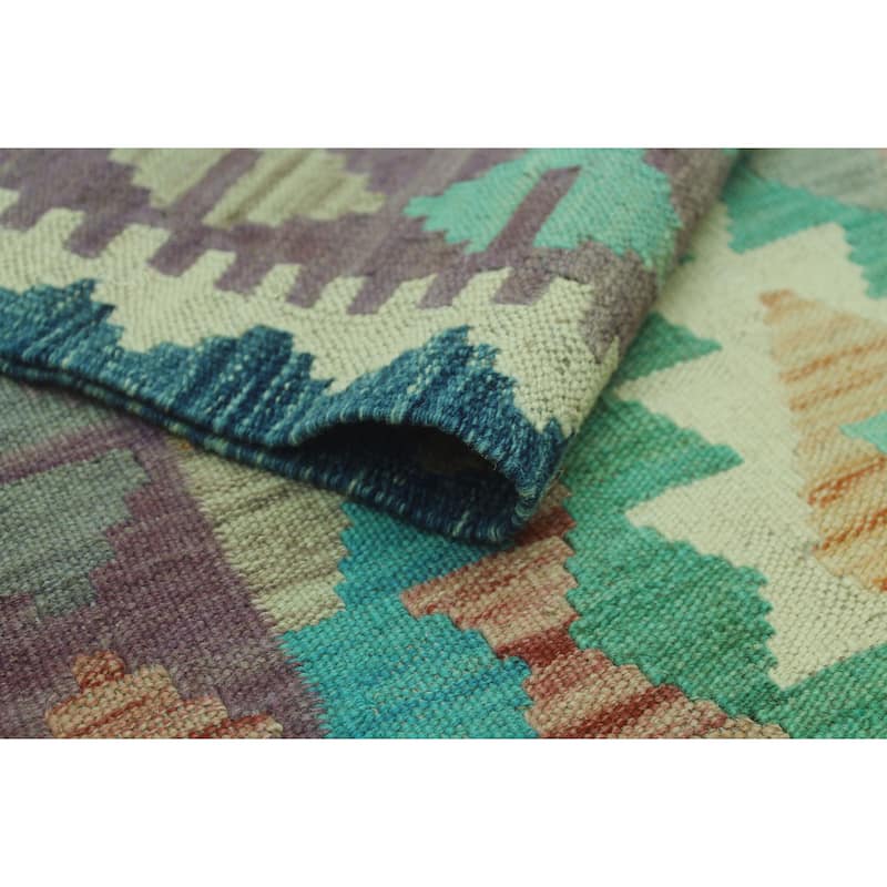 Hand-Woven Sun Faded Kilim Aidana Blue/Green Rug - 3'11" x 5'8"