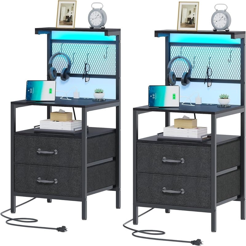 Nightstand Set of 2 with Charging Station and LED Lights - Black