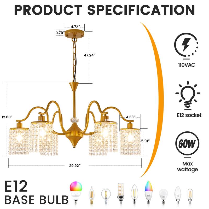 Modern Farmhouse Vintage Crystal Chandelier, 6-Light Rustic Kitchen Island Light Fixture