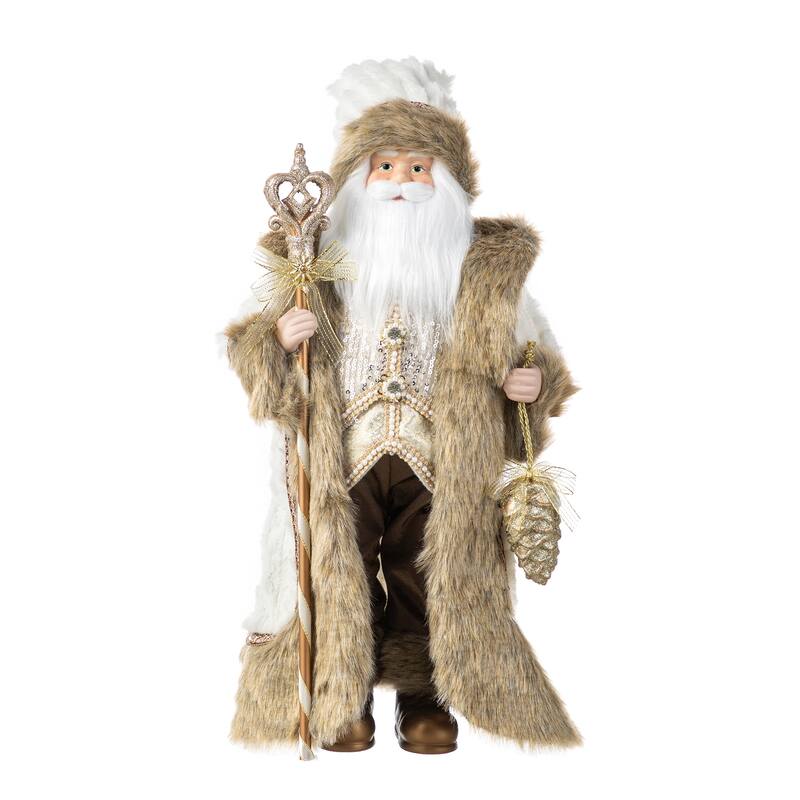 Glitzhome 18"H Faux Fur Christmas Santa Figurines with Porcelain Face