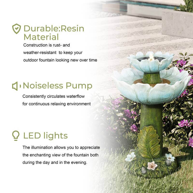 Solar Powered Blue Flower 2-Tier Resin Birdbath Fountain with Lights