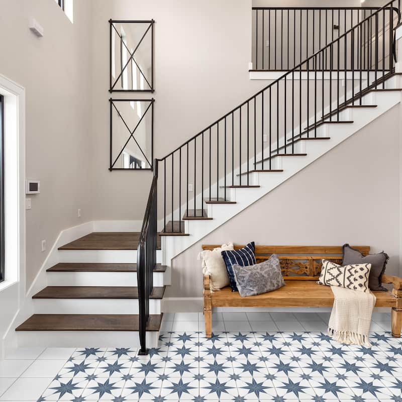 Merola Tile Stella Azul 9-3/4" x 9-3/4" Porcelain Floor and Wall Tile - White - Case (16 Tiles)