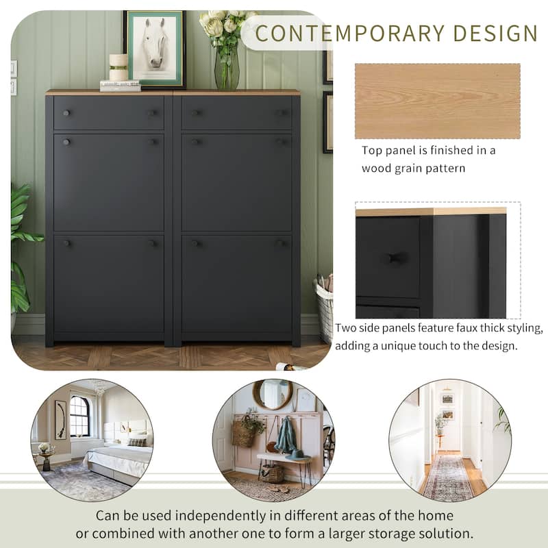 Roomfitters Narrow Shoe Cabinet Set with 4 Flip Compartments, Tipping Bucket Organizer with Adjustable Shelves