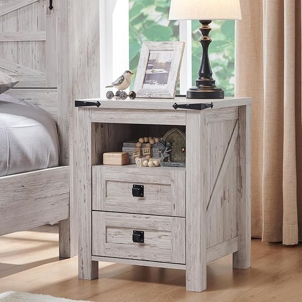 TAGELIER Farmhouse Night Stand With Charging Station & LED Sensor Lights - 2 Drawer Bedside Table, White