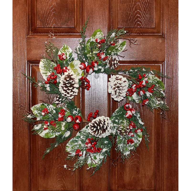 24" Snowy Pine Wreath w/ Berries Pod & Pine Cones - Multicolor