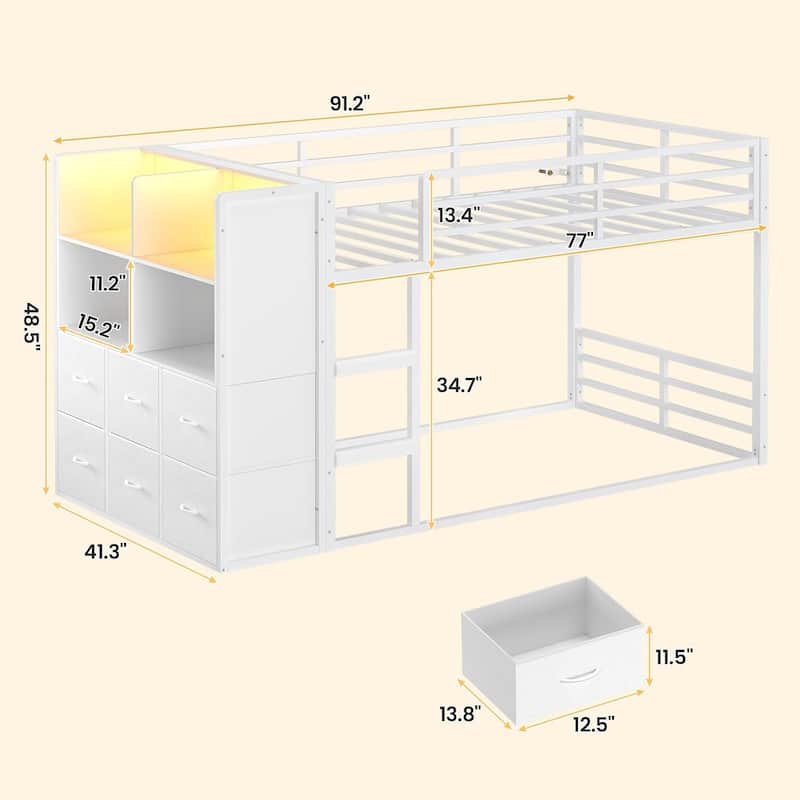 Twin Size Low Loft Bed 6 Fabric Storage Drawers LED Lights Twin Over Twin Bunk Bed
