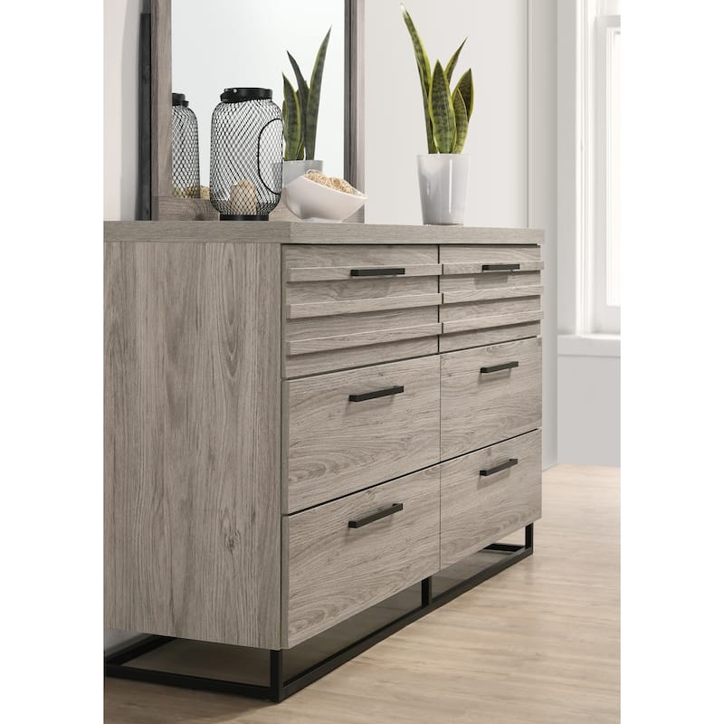 Roundhill Furniture Alvear Upholstered Wood Panel Bed, Dresser, Mirror, Nightstand, and Chest, Weathered Gray