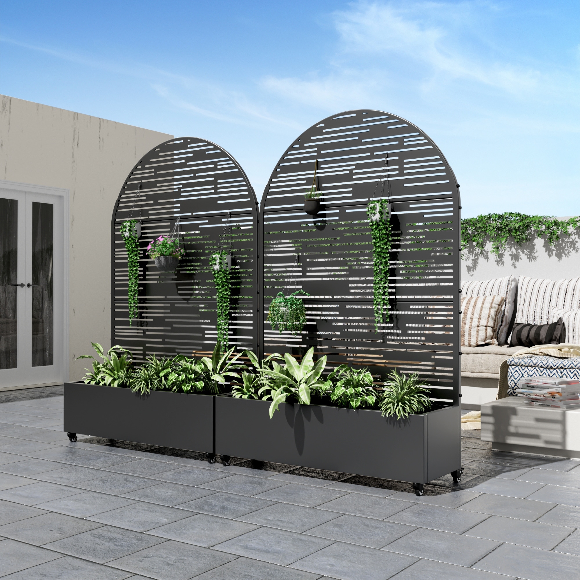 72in Planter Box with Trellis Lockable Wheels Outdoor Metal Galvanized Privacy Screen