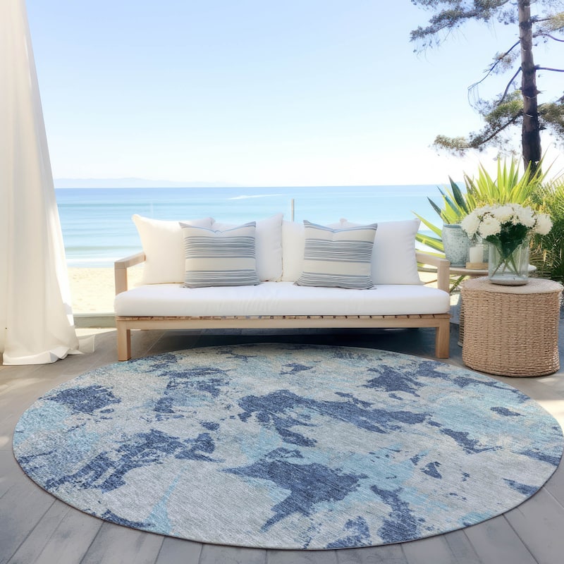 Machine Washable Indoor/ Outdoor Chantille Abstract Contemporary Rug - Navy - 8' x 8'
