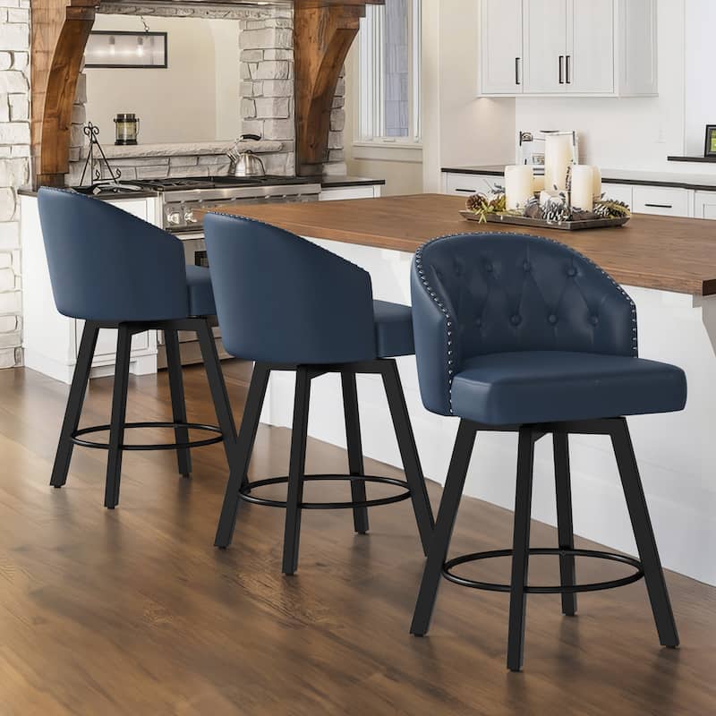 26" Swivel Counter Height Bar Stools Set of 3 Upholstered Counter Stools With Backs - 26" H - Dark Blue/Leather