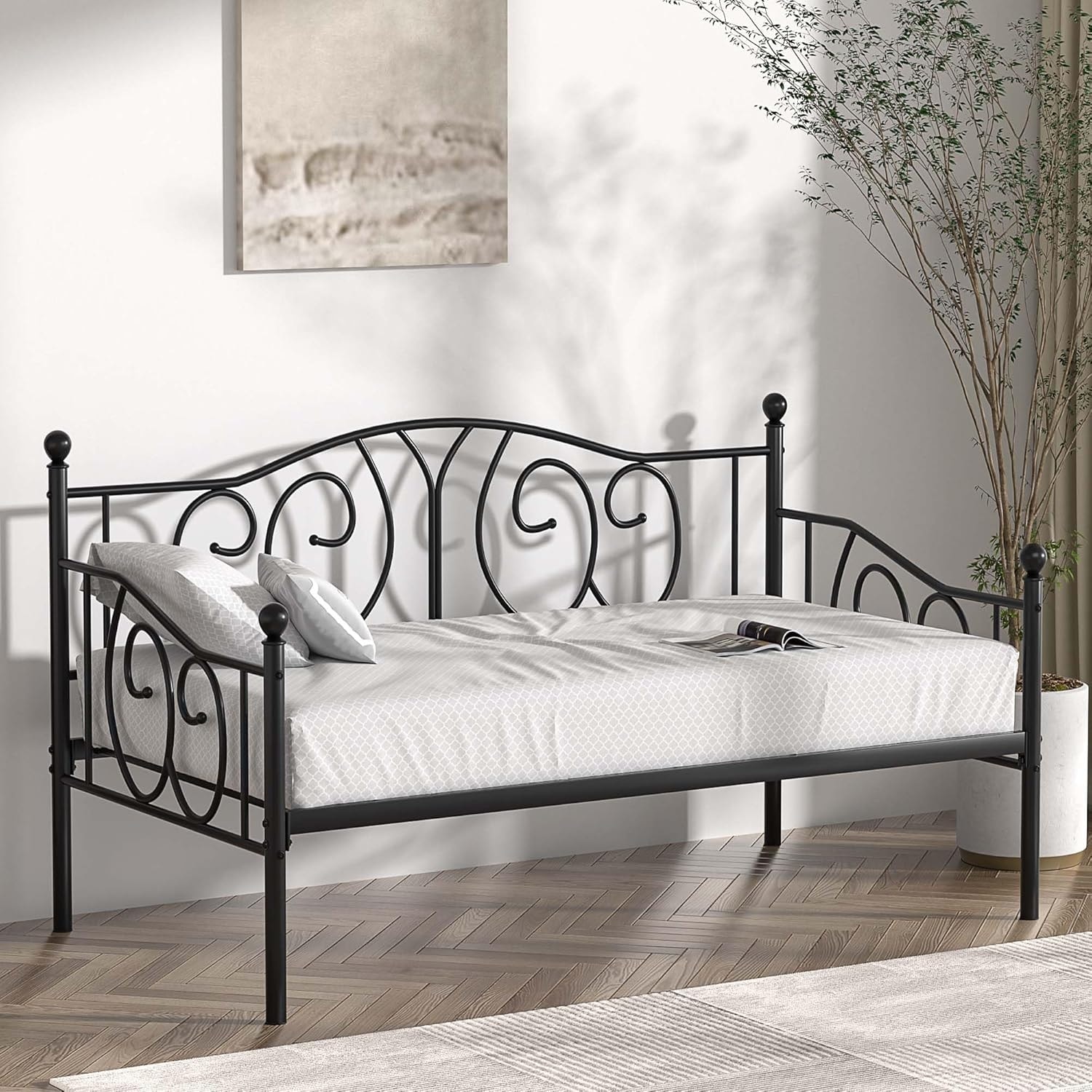 Twin Metal Daybed Frame with Headboard and Heavy Duty Steel Slats, Multifunctional Sofa Bed, Black
