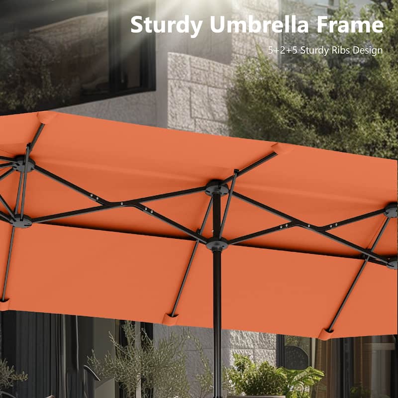 MAISON ARTS 13ft Double-Sided Outdoor Umbrella, 2-Tier Vented Market Umbrella with Colored Lights and Base