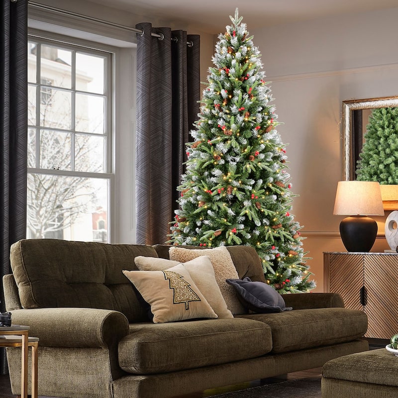 6FT Christmas Tree with 350 Warm White LED Lights-1593 Snow-Tipped PE+PVC Branches, Red Berries&Pine Cones, Hinged Design