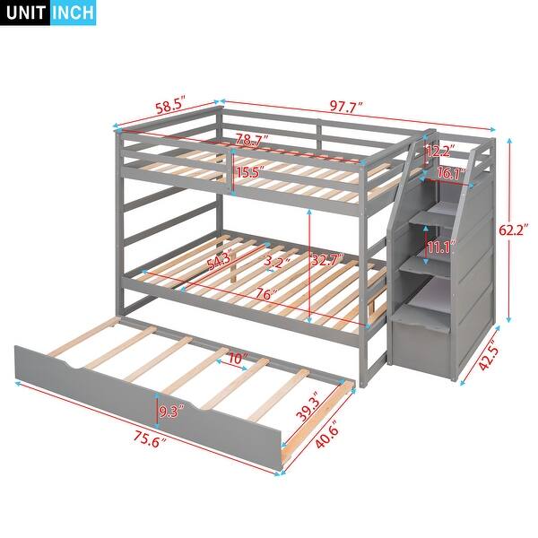 dimension image slide 0 of 2, Full-over-Full Pinewood Bunk Bed with Twin Trundle, 3 Storage Stairs, and Full-Length Guardrail