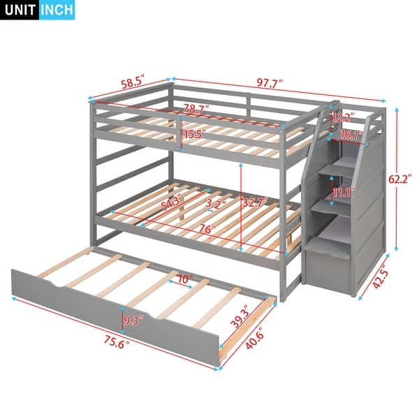 Gray Full-over-Full Pinewood Bunk Bed with Twin Trundle, 3 Storage Stairs, and Full-Length Guardrail