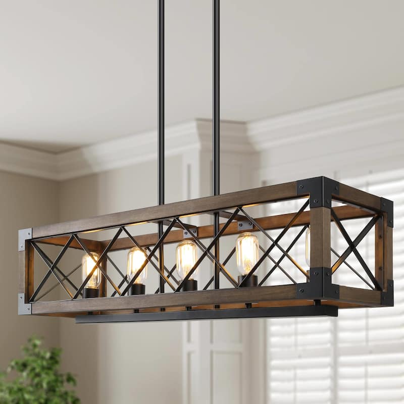 Modern Farmhouse 5-Light Wood Chandelier Rustic Island Pendant Lights for Dining Room - W31.5"xH10"