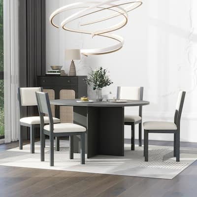 5-Piece Retro Functional Dining Set, 1 Extendable Table with a 16-inch Leaf and 4 Upholstered Chairs for Dining Room and Kitchen