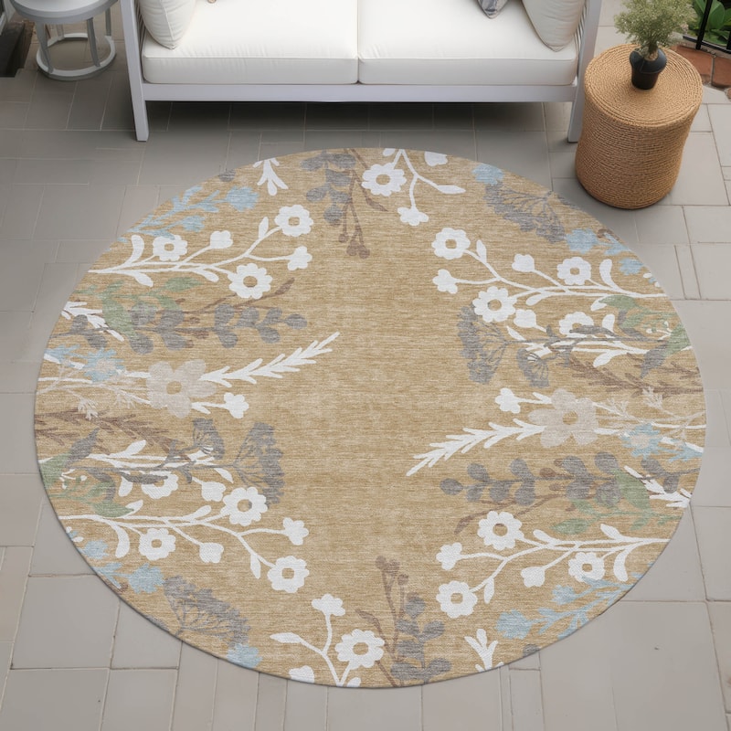 Machine Washable Indoor/ Outdoor Floral Border Chantille Rug - Gold - 8' x 8'