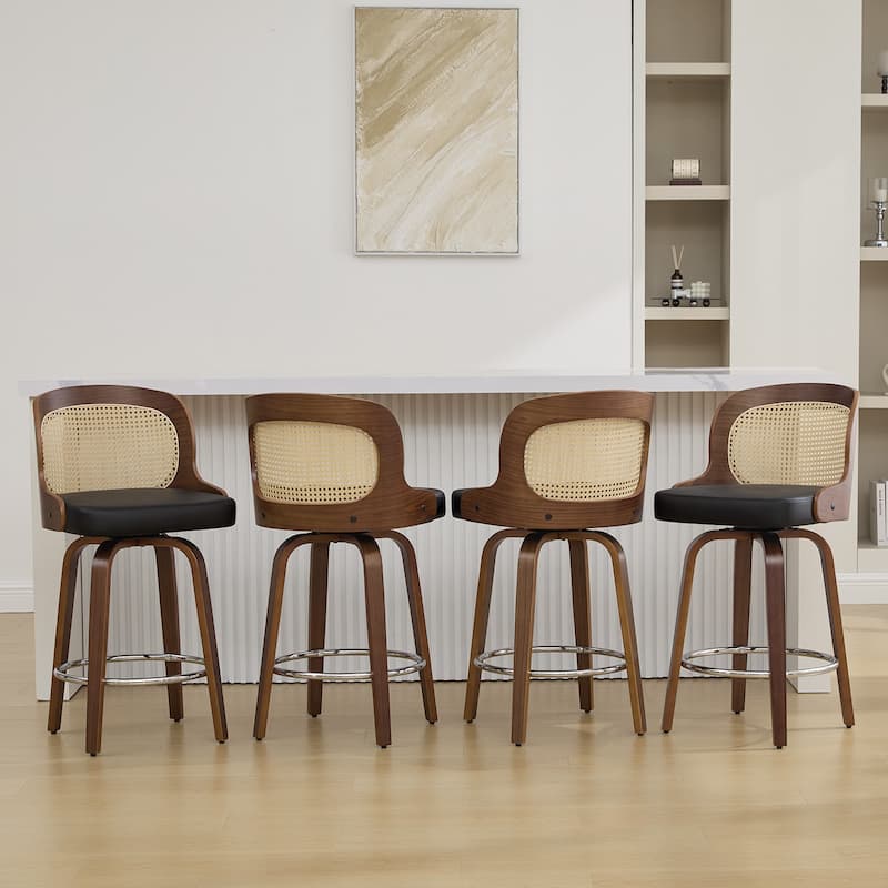 26" Upholstered Swivel Counter & Bar Stool with Rattan Back - 37.4"H x 19.09"W x 19.88"D