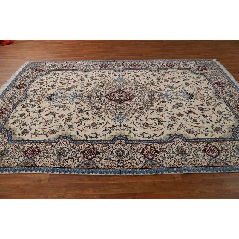 Ivory Floral Nain Persian Area Rug Handmade Wool Carpet - 6'8"x 9'10"