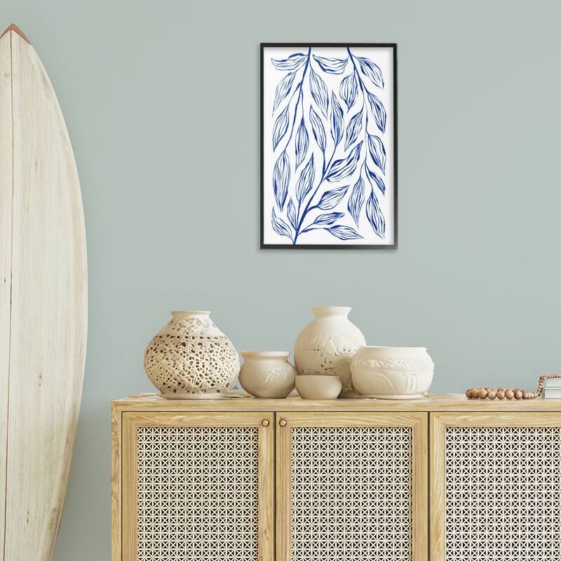 Stupell Simple Blue Leaves on White Framed Giclee Art Design By Martina Pavlova