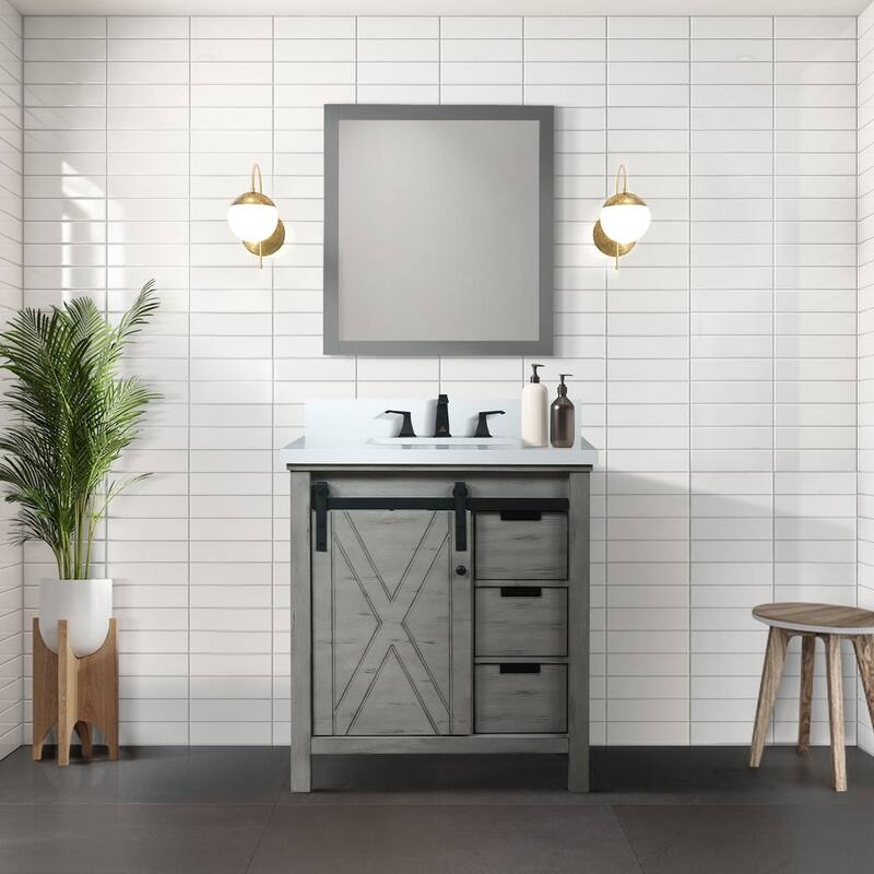 Marsyas 30 in W x 22 in D White Bath Vanity, Grey Quartz Countertop, Faucet Set and 28 in Mirror