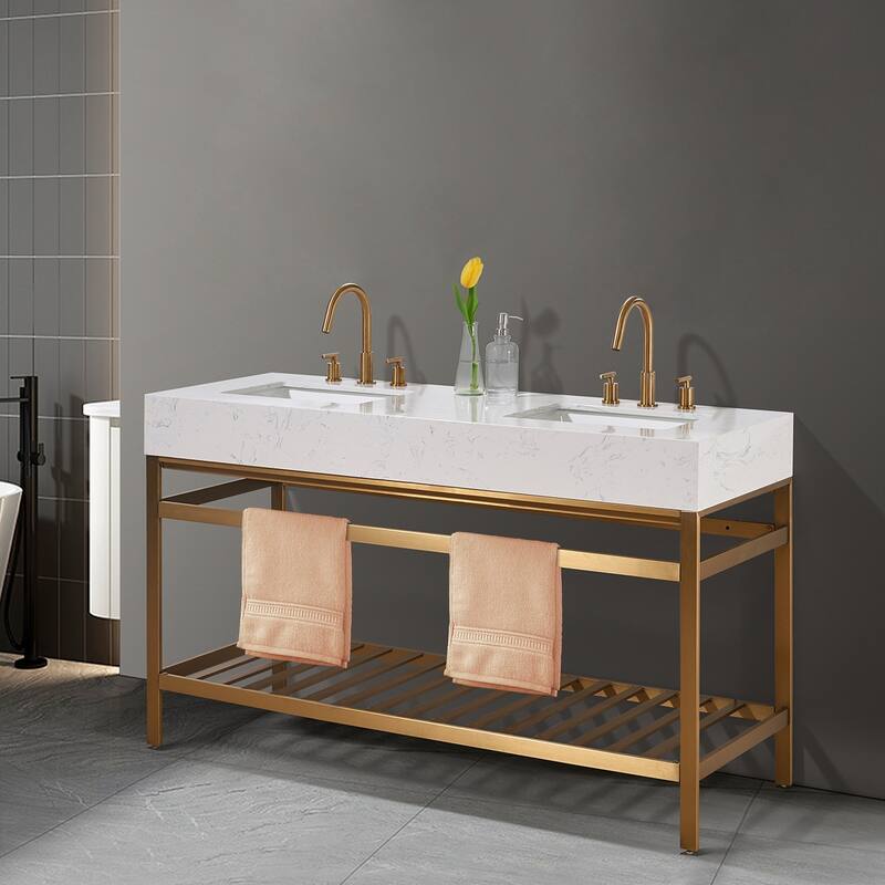 Altair Merano Stainless Steel Vanity Console with Stone Countertop, no Mirror