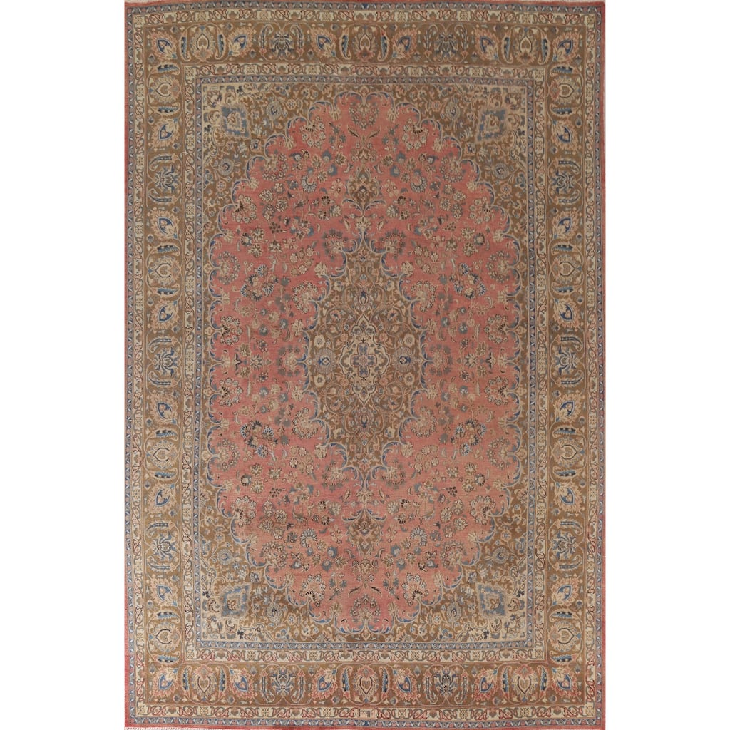 Hand Knotted Oriental 100% Wool Carpet Traditional Floral Pink Mashad Area Rug - 12' 10'' X 9' 7''