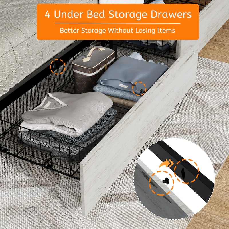King/Queen Bed with Faux Leather Headboard, 4 Storage Drawers, LED Lights & Charging Station, Wood Slats, No Box Spring