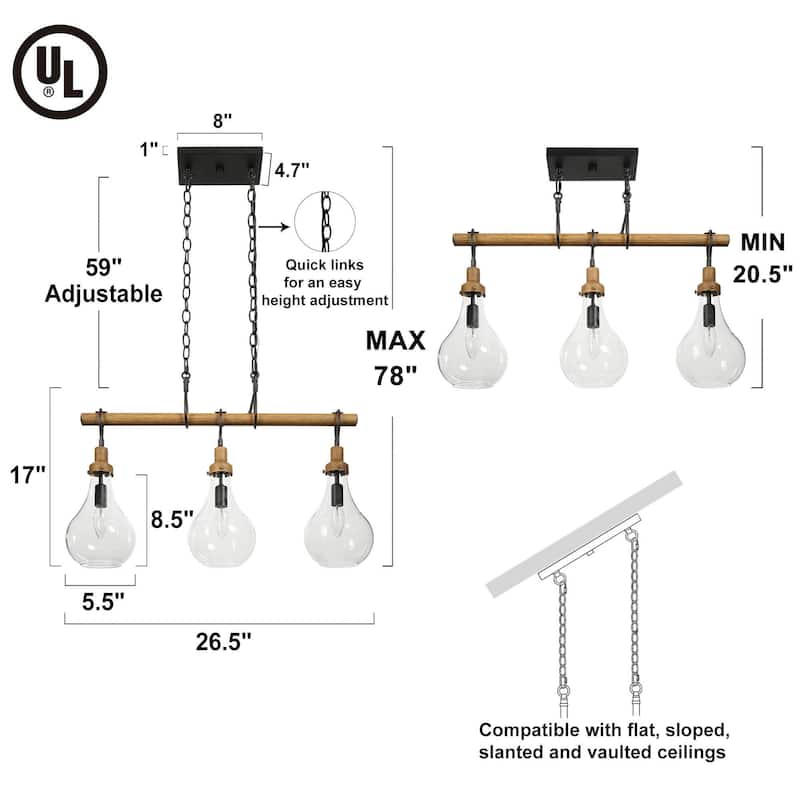 Farmhouse Rustic 3-light Linear Chandelier Clear Glass Island Lights for Dining Room